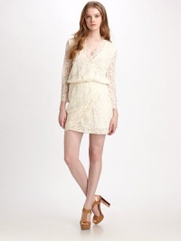 A charming, feminine frock crafted from dreamy French lace in an effortless V-neck silhouette.Crossover V necklineThree-quarter sleevesBlouson bodiceElastic waistMock-wrap skirtAbout 17 from natural waistCotton/polyamide/viscoseDry cleanImportedModel shown is 5'10 (177cm) wearing US size Small. A charming, feminine frock crafted from dreamy French lace in an effortless V-neck silhouette.Crossover V necklineThree-quarter sleevesBlouson bodiceElastic waistMock-wrap skirtAbout 17 from natural waistCotton/polyamide/viscoseDry cleanImportedModel shown is 5'10 (177cm) wearing US size Small.