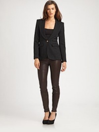 A woven blazer enhanced by timeless lamè for a dazzling structured look.Notched collarLong sleevesOne-button closurePrincess seamsFitted silhouetteWelt and flap pocketsFully linedAbout 27 from shoulder to hemBody: 96% virgin wool/4% nylonContrast: 65% virgin wool/35% viscoseDry cleanImported Model shown is 5'10½ (179cm) wearing US size 4. A woven blazer enhanced by timeless lamè for a dazzling structured look.Notched collarLong sleevesOne-button closurePrincess seamsFitted silhouetteWelt and flap pocketsFully linedAbout 27 from shoulder to hemBody: 96% virgin wool/4% nylonContrast: 65% virgin wool/35% viscoseDry cleanImported Model shown is 5'10½ (179cm) wearing US size 4.