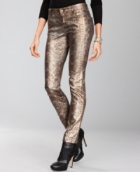 Get glowing this season in the hottest pair of jeans around! INC's skinnies mix metallic with sexy snakeskin print. Get glowing this season in the hottest pair of jeans around! INC's skinnies mix metallic with sexy snakeskin print.