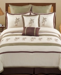 Beach beauty. Embroidered palm trees, clean lines and pleat details invite sophistication into your home with the Montego Bay comforter set. Featuring clean, soothing shades for year-round style. Beach beauty. Embroidered palm trees, clean lines and pleat details invite sophistication into your home with the Montego Bay comforter set. Featuring clean, soothing shades for year-round style.