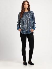 Shimmering metallic motif gives this timeless silk blouse a playful twist. RoundneckLong sleeves with buttoned cuffsBack keyhole closureSilk/metallic fibersDry cleanImportedModel shown is 5'9½ (176cm) wearing US size Small.This style runs true to size. We recommend ordering your usual size for a standard fit. Shimmering metallic motif gives this timeless silk blouse a playful twist. RoundneckLong sleeves with buttoned cuffsBack keyhole closureSilk/metallic fibersDry cleanImportedModel shown is 5'9½ (176cm) wearing US size Small.This style runs true to size. We recommend ordering your usual size for a standard fit.