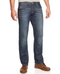 With modern whiskering detailing and a straight-leg fit, the only thing vintage about this pair of denim from Lucky Brand jeans is the name. With modern whiskering detailing and a straight-leg fit, the only thing vintage about this pair of denim from Lucky Brand jeans is the name.