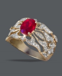 Vintage elegance. This stunning ring style from Effy Collection inspires with an oval-cut ruby center (1-1/2 ct. t.w.) surrounded by an intricate, cut-out pattern of round-cut diamonds (1/3 ct. t.w.). Set in 14k gold. Vintage elegance. This stunning ring style from Effy Collection inspires with an oval-cut ruby center (1-1/2 ct. t.w.) surrounded by an intricate, cut-out pattern of round-cut diamonds (1/3 ct. t.w.). Set in 14k gold.