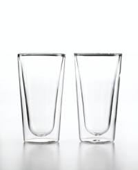 Double-duty drinkware. This set of Duos highball glasses from Luigi Bormioli features two layers of glass blown together for a cool floating look, smart insulation and lasting durability. The innovative design keeps hot drinks hot-but not too much to handle-and cold drinks chilled without making the glass sweat. Double-duty drinkware. This set of Duos highball glasses from Luigi Bormioli features two layers of glass blown together for a cool floating look, smart insulation and lasting durability. The innovative design keeps hot drinks hot-but not too much to handle-and cold drinks chilled without making the glass sweat.