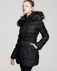 Down is up to new tricks with this cozy-chic belted Dawn Levy jacket featuring a luxe fur collar and high-concept scalloped stitching. Down is up to new tricks with this cozy-chic belted Dawn Levy jacket featuring a luxe fur collar and high-concept scalloped stitching.