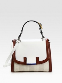 An incredibly chic pairing of butter-smooth leather with woven straw and linen, crafted in an tailored flap-front silhouette.Adjustable top handle, 5¼-5½ dropDetachable adjustable shoulder strap, 19½-26 dropTurnlock flap closureProtective metal feetOne inside zip pocketLinen lining10½W X 8H X 6DMade in Italy An incredibly chic pairing of butter-smooth leather with woven straw and linen, crafted in an tailored flap-front silhouette.Adjustable top handle, 5¼-5½ dropDetachable adjustable shoulder strap, 19½-26 dropTurnlock flap closureProtective metal feetOne inside zip pocketLinen lining10½W X 8H X 6DMade in Italy