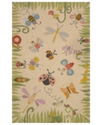 Critters atwitter! Beautify baby's room with this lively rug from Momeni's Lil Mo Classic collection. Ladybugs, dragonflies and other creatures populate this whimsical meadow scene bordered by fresh green blades of grass. The beige background is perfect for showing off the rug's delightful denizens. Hand-hooked of pure cotton, the rug features a cut-loop construction that gives the printed motifs a raised effect and tons of texture.