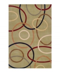 A playful array of interacting swirls in deep red, gray, taupe and salmon against an olive background creates a rug that is absorbing, abstract and lighthearted at the same time that it is elegant and modern. Color scheme and unique pattern make this rug versatile enough to complement any room. Hand carved of plush 100% New Zealand wool. A playful array of interacting swirls in deep red, gray, taupe and salmon against an olive background creates a rug that is absorbing, abstract and lighthearted at the same time that it is elegant and modern. Color scheme and unique pattern make this rug versatile enough to complement any room. Hand carved of plush 100% New Zealand wool.