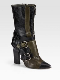 Pebble-grain patent leather and smooth calfskin form this point toe silhouette, with edgy zippers, buckle straps and a tall stacked heel. Stacked heel, 4½ (115mm)Shaft, 9Leg circumference, 12Pebbled patent leather and leather upperPoint toeSide and front zipAdjustable buckle strapsLeather lining and solePadded insoleMade in Italy Pebble-grain patent leather and smooth calfskin form this point toe silhouette, with edgy zippers, buckle straps and a tall stacked heel. Stacked heel, 4½ (115mm)Shaft, 9Leg circumference, 12Pebbled patent leather and leather upperPoint toeSide and front zipAdjustable buckle strapsLeather lining and solePadded insoleMade in Italy