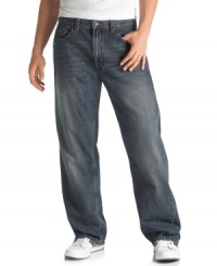 Levi's® takes the jean to new levels of cool with this laid-back, loose-fitting style. Dark wash with subtle whiskering in hips and blasting in legs and seat for a broken-in feel. Five-pocket styling with signature stitching on back pockets. Zip fly. Levi's® takes the jean to new levels of cool with this laid-back, loose-fitting style. Dark wash with subtle whiskering in hips and blasting in legs and seat for a broken-in feel. Five-pocket styling with signature stitching on back pockets. Zip fly.