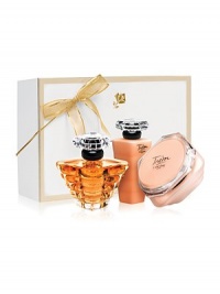 For the Holiday, TRESOR captures the spirit of eternal love. This collection combines the elegance of rose, muguet and lilac with the sparkle of peach and apricot blossom for an elegant and radiant fragrance. Gift Set Contains: Tresor 3.4 oz. Fragrance Spray, Tresor 5.3 oz. Body Creme, Tresor 3.4 oz. Shower Gel. For the Holiday, TRESOR captures the spirit of eternal love. This collection combines the elegance of rose, muguet and lilac with the sparkle of peach and apricot blossom for an elegant and radiant fragrance. Gift Set Contains: Tresor 3.4 oz. Fragrance Spray, Tresor 5.3 oz. Body Creme, Tresor 3.4 oz. Shower Gel.