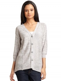 THE LOOKV-neckFront button closureThree-quarter length ribbed cuff sleevesOpen weave and heathered panelsSeam detailsTHE FITAbout 28 from shoulder to hemTHE MATERIAL52% cotton/48% tencelCARE & ORIGINHand washImportedModel shown is 5'10 (177cm) wearing US size Small. THE LOOKV-neckFront button closureThree-quarter length ribbed cuff sleevesOpen weave and heathered panelsSeam detailsTHE FITAbout 28 from shoulder to hemTHE MATERIAL52% cotton/48% tencelCARE & ORIGINHand washImportedModel shown is 5'10 (177cm) wearing US size Small.