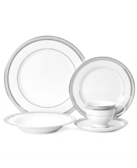 Well-suited for formal occasions, the place settings from Mikasa's regal Platinum Crown dinnerware and dishes collection feature elegant white fine china trimmed with embossed platinum bands. Well-suited for formal occasions, the place settings from Mikasa's regal Platinum Crown dinnerware and dishes collection feature elegant white fine china trimmed with embossed platinum bands.