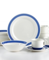Made in the shade. Bands of cobalt blue contrast contemporary white dinnerware that, in dishwasher-safe earthenware, is easy to enjoy every day. From Corona. Made in the shade. Bands of cobalt blue contrast contemporary white dinnerware that, in dishwasher-safe earthenware, is easy to enjoy every day. From Corona.