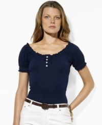 A bohemian smocked neckline and soft cotton jersey construction make Lauren Jeans Co.'s peasant tee an essential for the season. A bohemian smocked neckline and soft cotton jersey construction make Lauren Jeans Co.'s peasant tee an essential for the season.