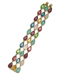 Glamour and shine. Three rows of teardrop-shaped glass accents in a myriad of hues adorn Lauren by Ralph Lauren's pretty bracelet. Set in 14k gold-plated mixed metal. Approximate length: 7-1/2 inches. Glamour and shine. Three rows of teardrop-shaped glass accents in a myriad of hues adorn Lauren by Ralph Lauren's pretty bracelet. Set in 14k gold-plated mixed metal. Approximate length: 7-1/2 inches.