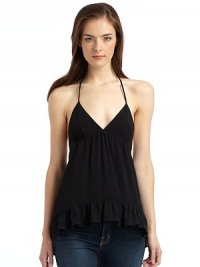 THE LOOKHalter neckline with tie closureFeather and bead detailsEmpire waist SleevelessGathered detailsGathered hi-lo hemTHE FITAbout 24 from shoulder to hemTHE MATERIALRayonCARE & ORIGINDry cleanMade in USAModel shown is 5'9 (175cm) wearing US size Small. THE LOOKHalter neckline with tie closureFeather and bead detailsEmpire waist SleevelessGathered detailsGathered hi-lo hemTHE FITAbout 24 from shoulder to hemTHE MATERIALRayonCARE & ORIGINDry cleanMade in USAModel shown is 5'9 (175cm) wearing US size Small.