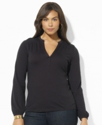 Ethereal and eclectic, Lauren Ralph Lauren's chic splitneck plus size top in light-as-air tissue cotton channels a bohemian sensibility. Ethereal and eclectic, Lauren Ralph Lauren's chic splitneck plus size top in light-as-air tissue cotton channels a bohemian sensibility.