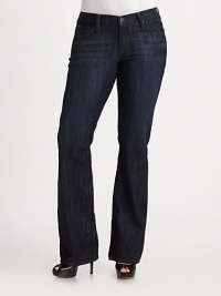 This flattering high-waist bootcut fit features soft distressing for a modern look.THE FITFitted through hips and thighs High-rise Inseam, about 34THE DETAILSZip fly with button closure Five-pocket style 70% cotton/27% polyester/3% Lycra spandex Machine wash Made in the USA of imported fabric This flattering high-waist bootcut fit features soft distressing for a modern look.THE FITFitted through hips and thighs High-rise Inseam, about 34THE DETAILSZip fly with button closure Five-pocket style 70% cotton/27% polyester/3% Lycra spandex Machine wash Made in the USA of imported fabric