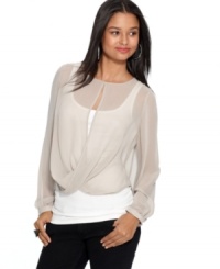 Add style to your spring outfit by layering on this sheer Bar III chiffon blouse featuring keyhole cutouts and a draped twist detail! Add style to your spring outfit by layering on this sheer Bar III chiffon blouse featuring keyhole cutouts and a draped twist detail!