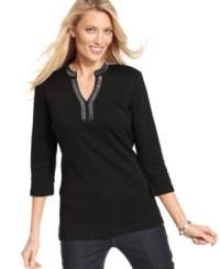 Add a worldly touch to your everyday look with Karen Scott's petite studded tunic. The longer length makes it so flattering, too! Add a worldly touch to your everyday look with Karen Scott's petite studded tunic. The longer length makes it so flattering, too!