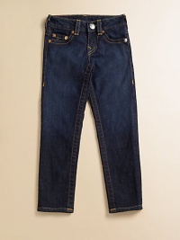 Contrast embroidered horseshoe back pockets add interest to this classic five-pocket look with tapered legs.Front zip and button closure Belt loops Five-pocket styling Contrast embroidered back pockets 98% cotton/2% spandex; machine wash Imported Contrast embroidered horseshoe back pockets add interest to this classic five-pocket look with tapered legs.Front zip and button closure Belt loops Five-pocket styling Contrast embroidered back pockets 98% cotton/2% spandex; machine wash Imported