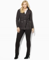 Cut for a classic fit from diamond-quilted microfiber, Lauren Ralph Lauren's plus size belted jacket is the ultimate in cool-weather style. Cut for a classic fit from diamond-quilted microfiber, Lauren Ralph Lauren's plus size belted jacket is the ultimate in cool-weather style.