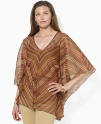 Embodying the rustic elegance of the Southwest in a serape-striped print, Lauren by Ralph Lauren's airy georgette top speaks volumes in a beautifully draped silhouette. Embodying the rustic elegance of the Southwest in a serape-striped print, Lauren by Ralph Lauren's airy georgette top speaks volumes in a beautifully draped silhouette.