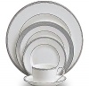 A beautiful collection for formal dining in white fine bone china with delicate platinum-hued rim accents.