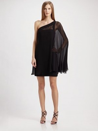 Sheer drama, this elegant one-shoulder style has a flowing silk chiffon overlay with a single batwing sleeve.Asymmetric shoulder strap Side zipper Fully lined About 19 from natural waist Silk Dry clean ImportedOUR FIT MODEL RECOMMENDS ordering true size. Sheer drama, this elegant one-shoulder style has a flowing silk chiffon overlay with a single batwing sleeve.Asymmetric shoulder strap Side zipper Fully lined About 19 from natural waist Silk Dry clean ImportedOUR FIT MODEL RECOMMENDS ordering true size.