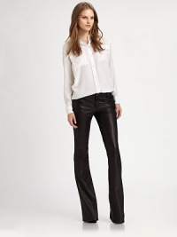 Alice + Olivia's attention to fit is key in this flared bell-leg style, updated in rich leather for a sexy rock n' roll edge.Button-front waistBelt loopsZip-flyFive-pocket styleRise, about 8Inseam, about 31LeatherDry clean by a leather specialistMade in USA of imported fabricModel shown is 5'8½ (174cm) wearing US size Small. Alice + Olivia's attention to fit is key in this flared bell-leg style, updated in rich leather for a sexy rock n' roll edge.Button-front waistBelt loopsZip-flyFive-pocket styleRise, about 8Inseam, about 31LeatherDry clean by a leather specialistMade in USA of imported fabricModel shown is 5'8½ (174cm) wearing US size Small.