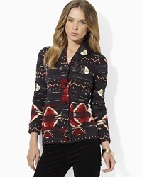 Taking a cue from the bold woven patterns of the Southwest, a chic shawl-collar cardigan receives an eye-catching upgrade from a rugged Beacon print. Taking a cue from the bold woven patterns of the Southwest, a chic shawl-collar cardigan receives an eye-catching upgrade from a rugged Beacon print.