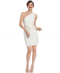 Betsy & Adam dress up a chic one-shoulder silhouette with a lovely lace overlay and a self-tie ribbon belt. A beautiful dress for a bridal shower or rehearsal dinner! Betsy & Adam dress up a chic one-shoulder silhouette with a lovely lace overlay and a self-tie ribbon belt. A beautiful dress for a bridal shower or rehearsal dinner!