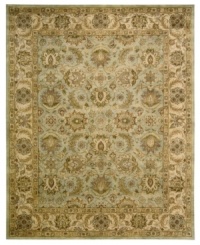 For the Jaipur collection Nourison uses a unique herbal wash to create the silky sheen and antique appearance of these fine wool rugs. In a delicate seafoam hue with an ornate medallion and bloom motif, the rug enhances your home with lavishly elegant style. For the Jaipur collection Nourison uses a unique herbal wash to create the silky sheen and antique appearance of these fine wool rugs. In a delicate seafoam hue with an ornate medallion and bloom motif, the rug enhances your home with lavishly elegant style.
