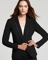 Put the punch in power dressing in a sleek Juicy Couture blazer, flaunting a fitted silhouette and shawl collar for a contemporary take on the career essential. Put the punch in power dressing in a sleek Juicy Couture blazer, flaunting a fitted silhouette and shawl collar for a contemporary take on the career essential.