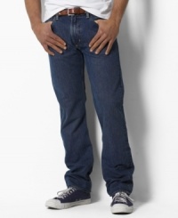 Essential classic-fitting jean with standard-rise belted waist, zip fly with signature shank, straight leg. Essential classic-fitting jean with standard-rise belted waist, zip fly with signature shank, straight leg.
