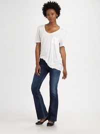 Five-pocket bootcut fit with minimal distressing and a hint of stretch designed just for petite frames. THE FITFitted through hips and thighsMedium rise, about 7Inseam, about 31½THE DETAILSZip flyFive-pocket style98% cotton/2% polyurethaneMachine washMade in USA of imported fabricModel shown is 5'9½ (177cm) wearing US size 4. Five-pocket bootcut fit with minimal distressing and a hint of stretch designed just for petite frames. THE FITFitted through hips and thighsMedium rise, about 7Inseam, about 31½THE DETAILSZip flyFive-pocket style98% cotton/2% polyurethaneMachine washMade in USA of imported fabricModel shown is 5'9½ (177cm) wearing US size 4.