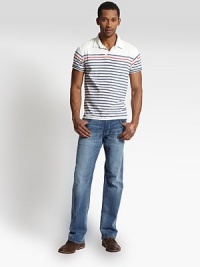 A relaxed, straight-leg fit with the lived-in look of a longtime favorite in weathered-and-worn denim. Five-pocket style Button fly Inseam, about 34 98% cotton/2% elastane Made in USA A relaxed, straight-leg fit with the lived-in look of a longtime favorite in weathered-and-worn denim. Five-pocket style Button fly Inseam, about 34 98% cotton/2% elastane Made in USA
