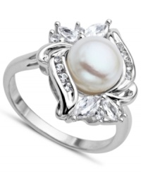 Polish and shine. This exquisite ring combines a cultured freshwater pearl (8 mm) and marquise and round-cut white topaz (1/2 ct. t.w.). Set in sterling silver. Size 7. Polish and shine. This exquisite ring combines a cultured freshwater pearl (8 mm) and marquise and round-cut white topaz (1/2 ct. t.w.). Set in sterling silver. Size 7.