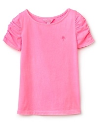 Ruched short sleeves and a gently scooped neck add pretty flair to this closet-classic knit top from Lilly Pulitzer. Ruched short sleeves and a gently scooped neck add pretty flair to this closet-classic knit top from Lilly Pulitzer.