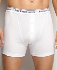 Combed cotton boxer features double-button fly, logo elastic waistband and a comfortable seamless back. Combed cotton boxer features double-button fly, logo elastic waistband and a comfortable seamless back.