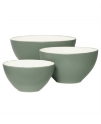 Make everyday meals a little more fun with mix-and-match pieces from Noritake dinnerware. The dishes of the set are dressed in two contrasting hues-one glazed, one matte-and create a tabletop with endless possibilities. These clean, modern bowls are in three sizes to suit any meal. Make everyday meals a little more fun with mix-and-match pieces from Noritake dinnerware. The dishes of the set are dressed in two contrasting hues-one glazed, one matte-and create a tabletop with endless possibilities. These clean, modern bowls are in three sizes to suit any meal.