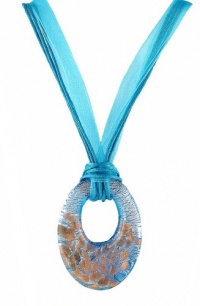 Necklace - N117 - Murano Style Glass - Open Oval Shape ~ Aqua, Copper and Silver hung on 5 Strand Organza and Cotton Cord + 2 Extension Chain Necklace - N117 - Murano Style Glass - Open Oval Shape ~ Aqua, Copper and Silver hung on 5 Strand Organza and Cotton Cord + 2 Extension Chain
