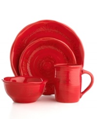 Homegrown style. Ruffled edges and engraved florals give the Espana Antica place setting an organic, handcrafted feel that suits country settings. With a glossy red finish. From the Tabletops Unlimited dinnerware collection. Homegrown style. Ruffled edges and engraved florals give the Espana Antica place setting an organic, handcrafted feel that suits country settings. With a glossy red finish. From the Tabletops Unlimited dinnerware collection.