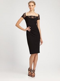Beaded lace accents add feminine flair to this sleek, draped silhouette.Square neckline with beaded lace insetBeaded lace cap sleevesFront drapeConcealed back zipFully linedAbout 27 from natural waistRayonDry cleanMade in USA of imported fabricModel shown is 5'10 (177cm) wearing US size 4.This style runs true to size. We recommend ordering your usual size for a standard fit. Beaded lace accents add feminine flair to this sleek, draped silhouette.Square neckline with beaded lace insetBeaded lace cap sleevesFront drapeConcealed back zipFully linedAbout 27 from natural waistRayonDry cleanMade in USA of imported fabricModel shown is 5'10 (177cm) wearing US size 4.This style runs true to size. We recommend ordering your usual size for a standard fit.
