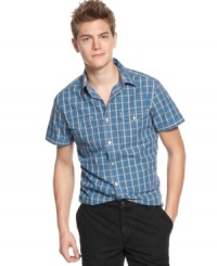 Let this plaid short-sleeved shirt from Kenneth Cole Reaction add some polish to your spring style. Let this plaid short-sleeved shirt from Kenneth Cole Reaction add some polish to your spring style.
