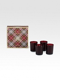 Festive, fragrant votive candles scented with notes of red currant, evergreen and juniper, for a home-for-the-holidays feel.4-piece setGlassSoy blend waxAbout 1 oz. eachMade in USA