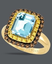 Candy colored and twice as sweet. Le Vian's sensational ring features an emerald-cut aquamarine (2-1/12 ct. t.w.) surrounded by rings of round-cut chocolate diamond (3/8 ct. t.w.) and yellow sapphire (1/3 ct. t.w.). Set in 14k gold. Candy colored and twice as sweet. Le Vian's sensational ring features an emerald-cut aquamarine (2-1/12 ct. t.w.) surrounded by rings of round-cut chocolate diamond (3/8 ct. t.w.) and yellow sapphire (1/3 ct. t.w.). Set in 14k gold.