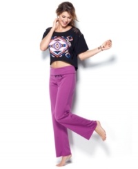 Stay cozy and cute in the Aztec print of this pajama set by Material Girl. The top features lace inserts on the shoulders, while the full-length pants feature a wide elastic fold-over waistband with drawstring. Stay cozy and cute in the Aztec print of this pajama set by Material Girl. The top features lace inserts on the shoulders, while the full-length pants feature a wide elastic fold-over waistband with drawstring.