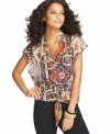 Tie it on! Cha Cha Vente's shirt lets an appealing hint of skin peek through the exotically-printed chiffon!